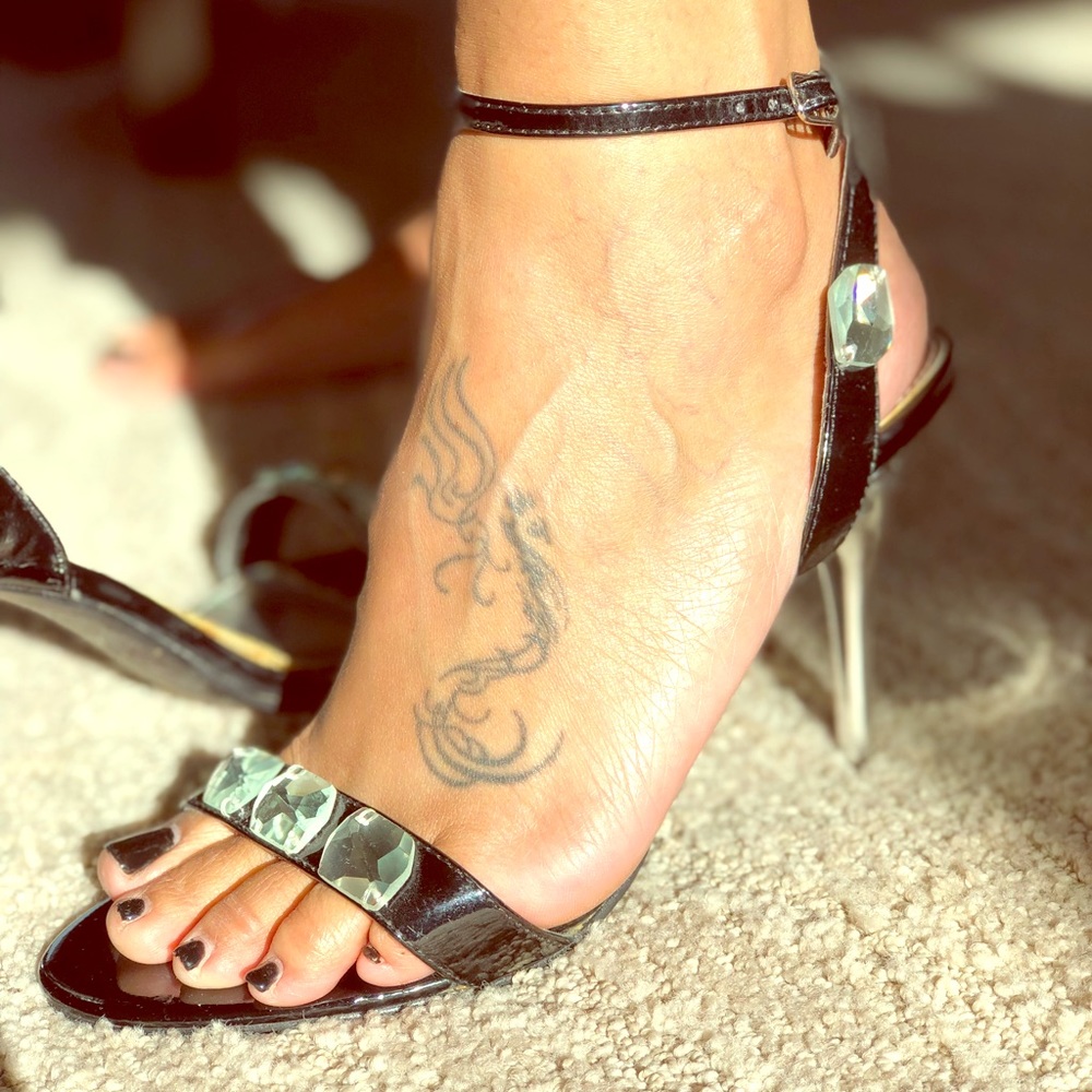 Ladies patent leather jeweled sandal heels